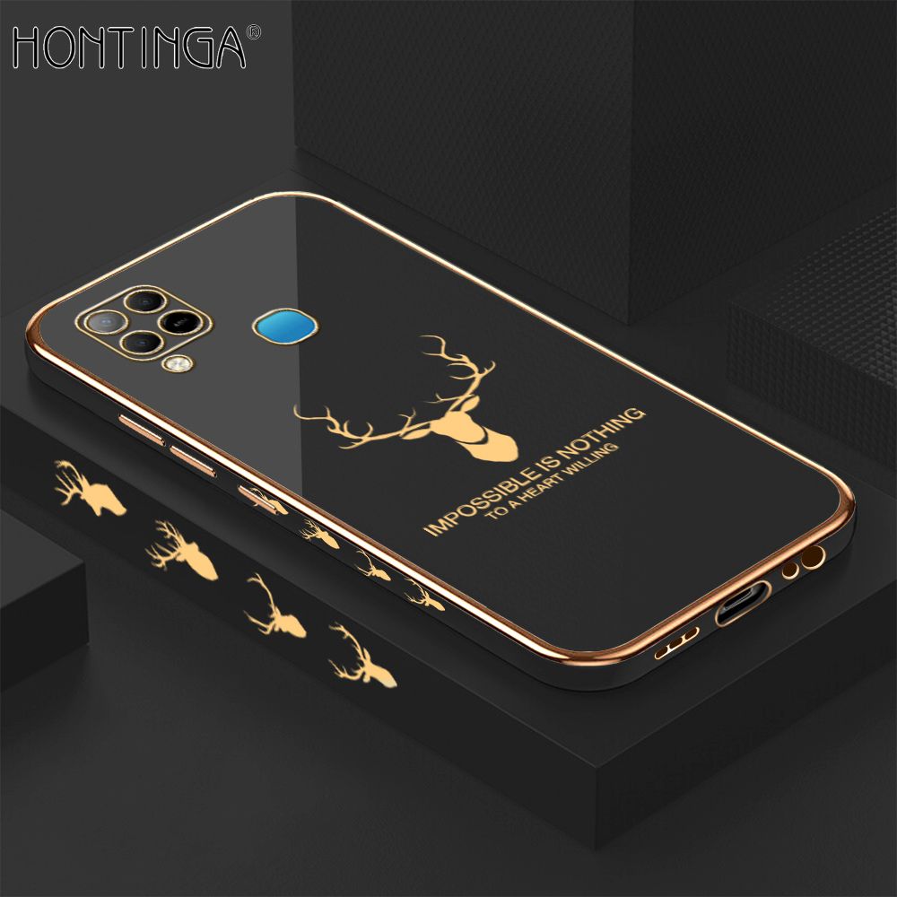 Hontinga for Infinix Hot 10S / Hot 10S NFC Back Cover + Free Lanyard Luxury 6D Plating Cartoon Lucky Deer Side Pattern Case Soft Silicone Square Phone Cases