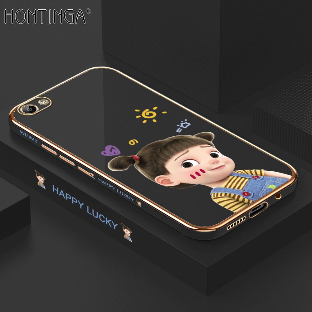 Hontinga for Vivo Y66 Y65 Back Cover + Free Lanyard Luxury 6D Plating Cute Cartoon Happy Girl Side Pattern Case Soft Silicone Square Phone Cases