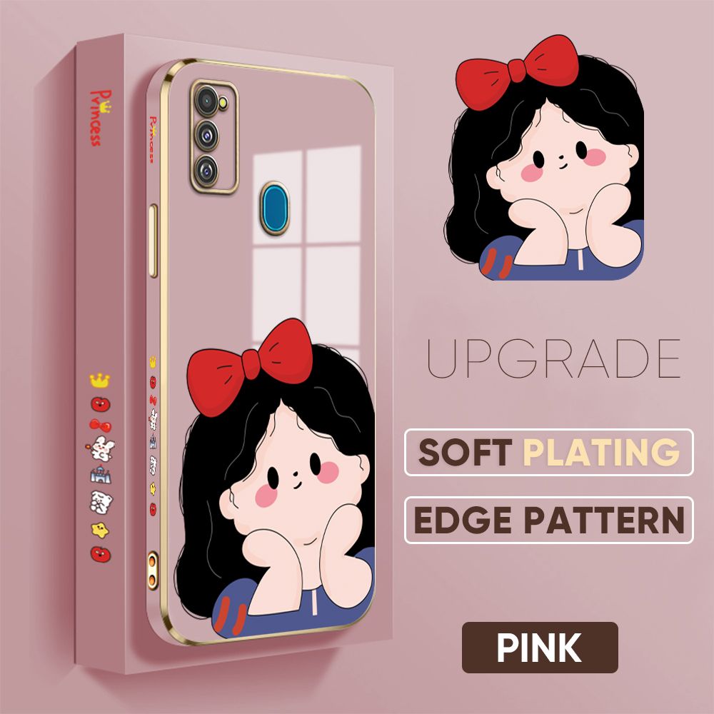 TA for Samsung Galaxy M21 M30S Back Cover + Free Lanyard Cute Princess Luxury 6D Plating Case Side Pattern Soft Silicone Square Phone Cases