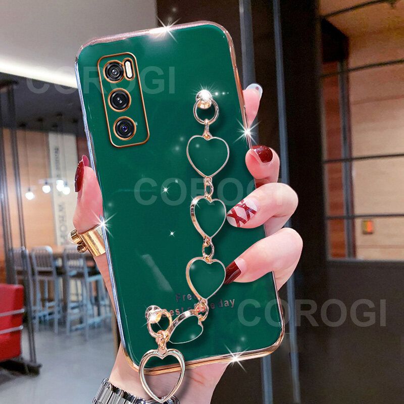For Vivo V20 SE Cover + Love Heart Bracelet Fashion Shiny Wrist Chain Plating Bumper Slim Phone Case Soft TPU Silicone Shockproof Protective Back Cover