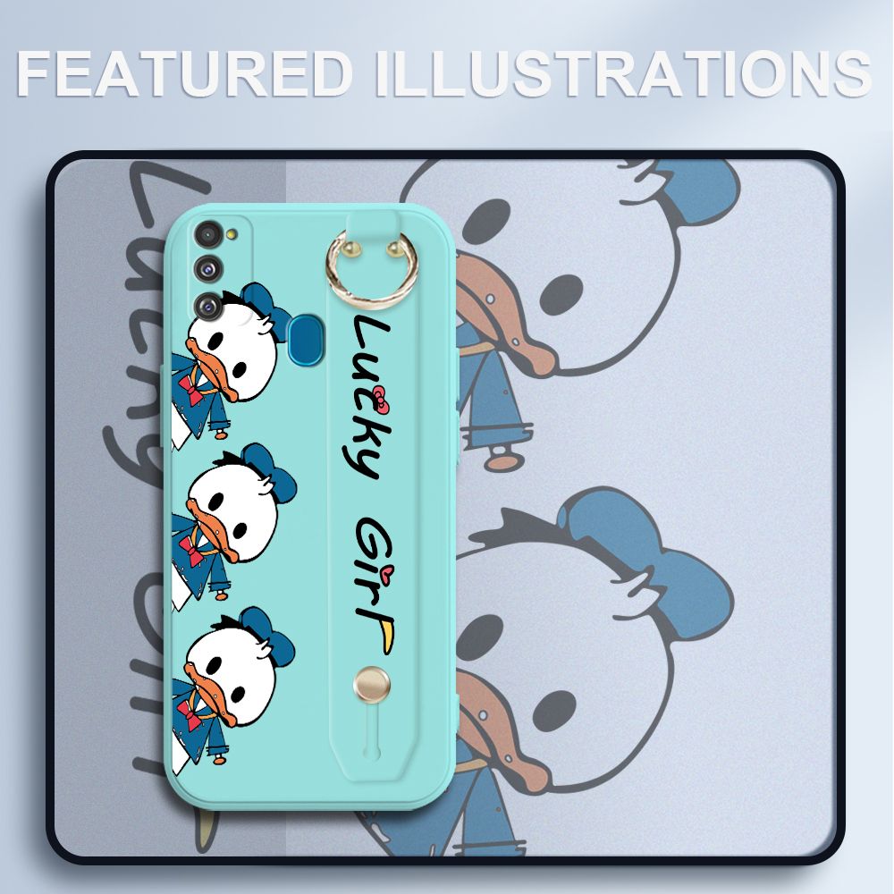 UCUC for Samsung Galaxy M21 Wrist Strap Case Creative Cartoon Three Ducks Cover Ultra Thin Anti Fall Liquid Silicone Phone Case