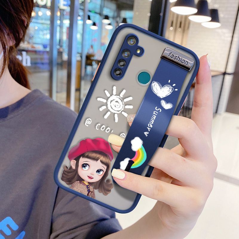 UCUC for Realme 5 Wrist Strap Case Lovely Cartoon Red Hat Girl Wristband Printing Cover Shockproof Frosted Phone Case