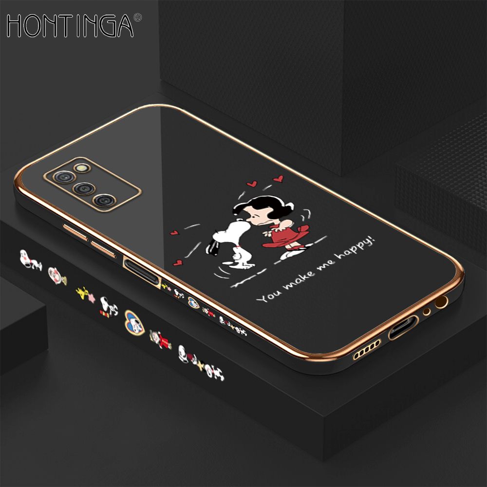 Hontinga for Samsung A03S Back Cover + Free Lanyard Luxury 6D Plating Happy Puppy and Girl Side Pattern Case Soft Silicone Square Mobile Cover