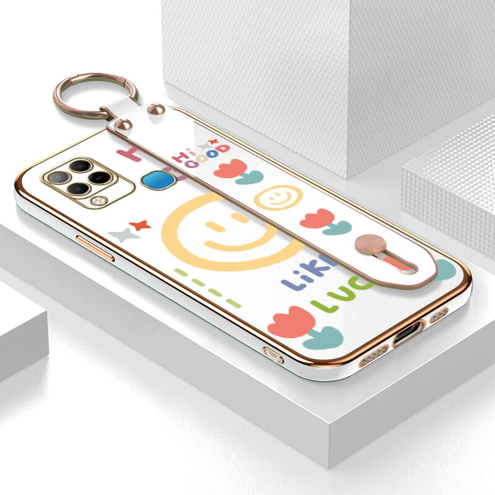 ZeroQiQi for Infinix Hot 10S / Hot 10S NFC Wrist Strap Back Cover Flower Smiley Fashion Luxury 6D Plating Soft Casing Silicone Square Frame Phone Case