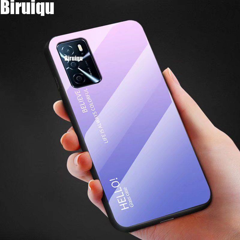 Biruiqu For OPPO A16 Shockproof Gradient Tempered Glass Back Soft Silicone Edge Case Cover