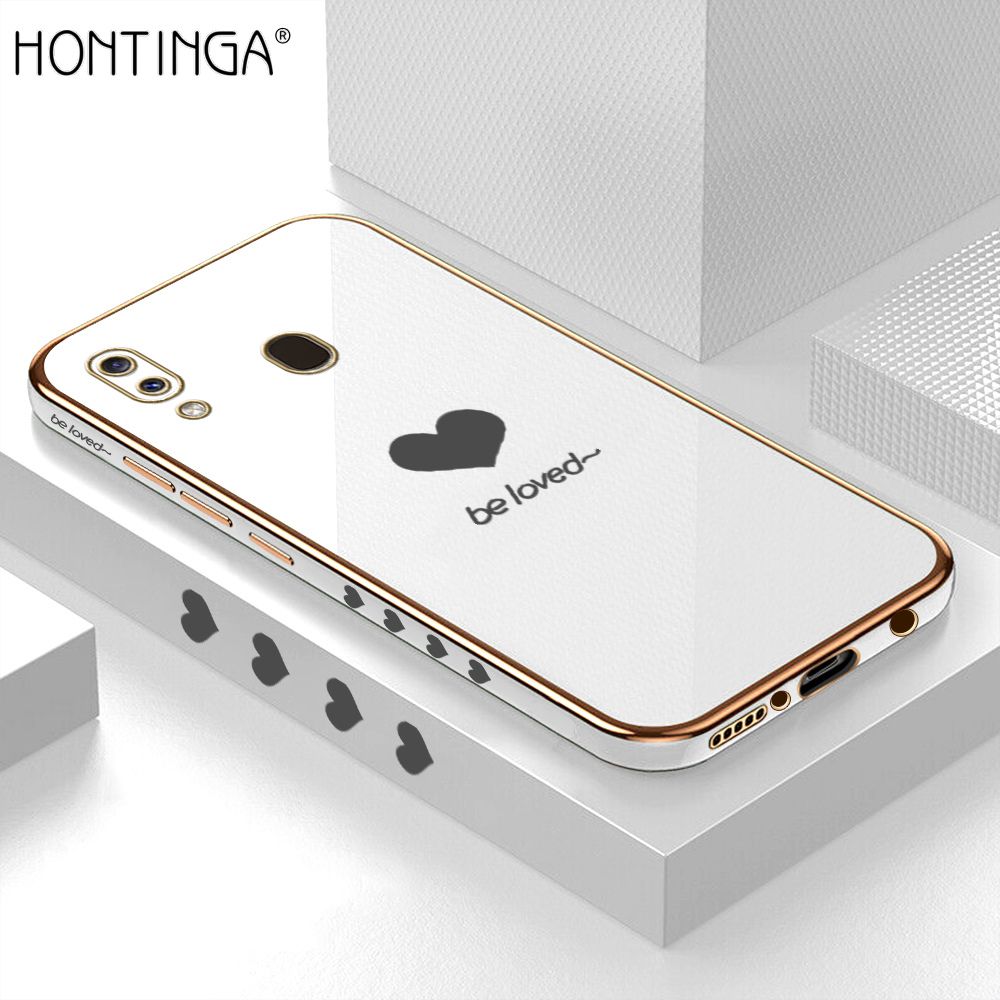 Hontinga for Samsung A30 A20 Back Cover + Free Lanyard Luxury 6D Plating Cartoon Lover Heart Side Pattern Case Soft Silicone Square Phone Cases