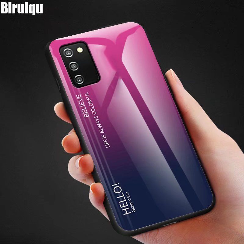 Biruiqu For Samsung Galaxy A03s Shockproof Gradient Tempered Glass Back Soft Silicone Edge Case Cover