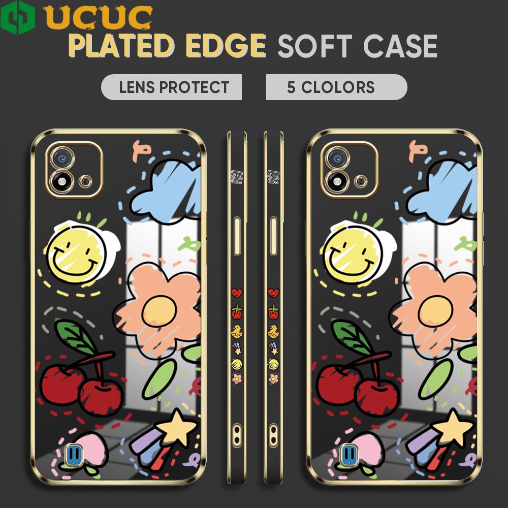 UCUC for Realme C20A Cover Fruit Doodle Luxury 6D Plating Soft Casing Silicone Square Frame Phone Case Shiny Bling Back Cover + Free Lanyard