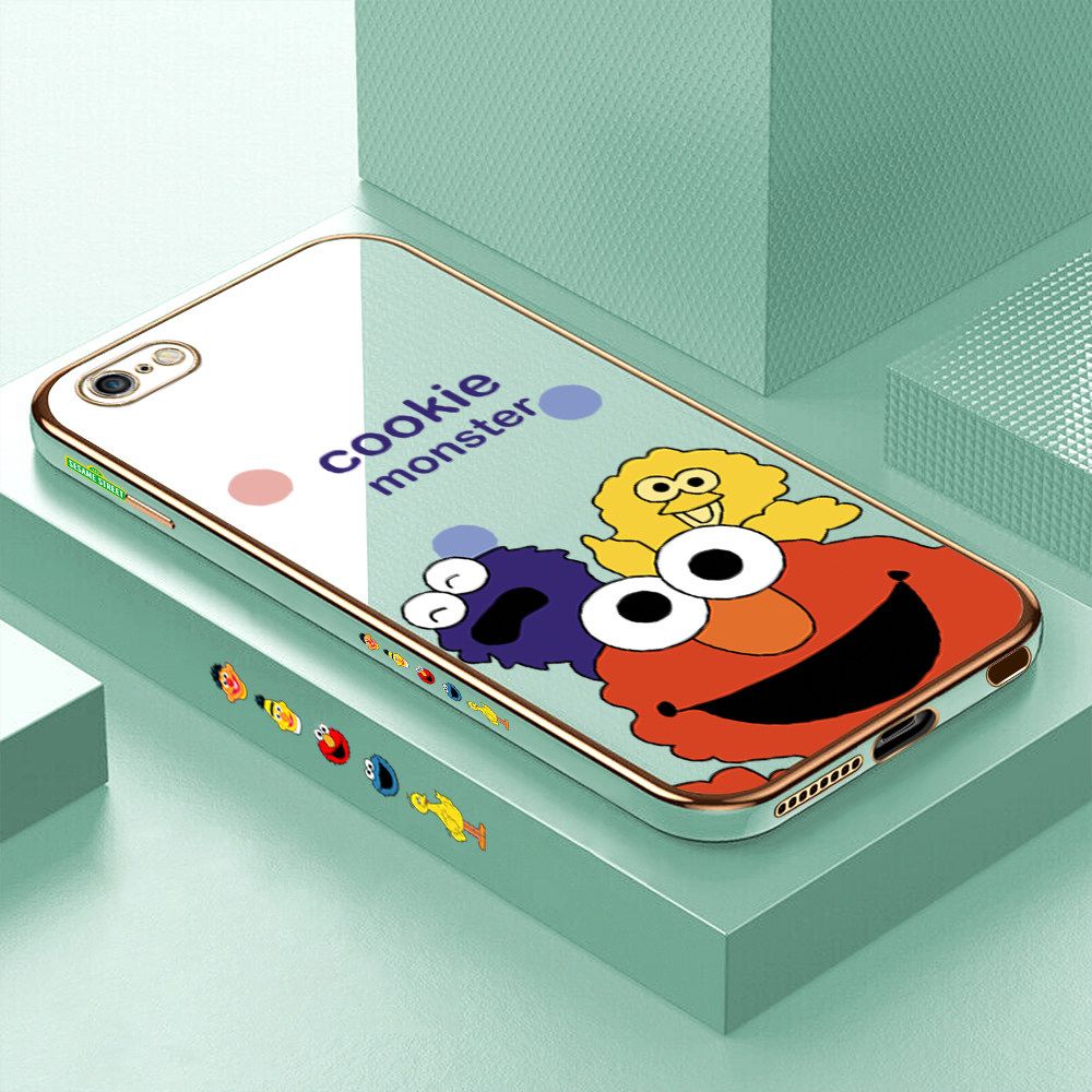 Luxury 6D Plating Case for iPhone 6S Plus Color Cute Cartoon Sesame Monsters Side Pattern Back Cover Soft Silicone Square Frame Shiny Bling Phone Cases + Free Lanyard