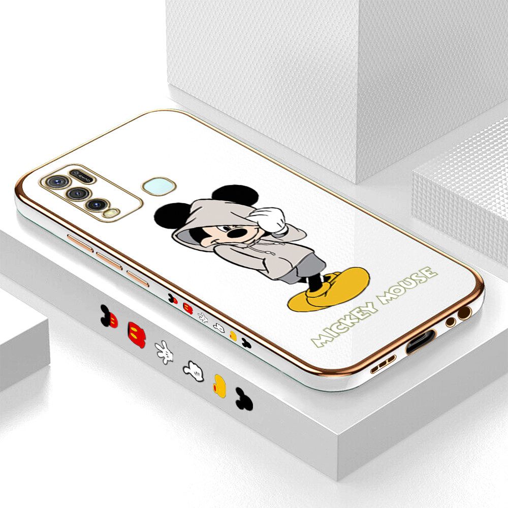Luxury 6D Plating Case for Vivo Y50 Cartoon Cool Mouse Side Pattern Back Cover Soft Silicone Square Frame Shiny Bling Phone Cases + Free Lanyard