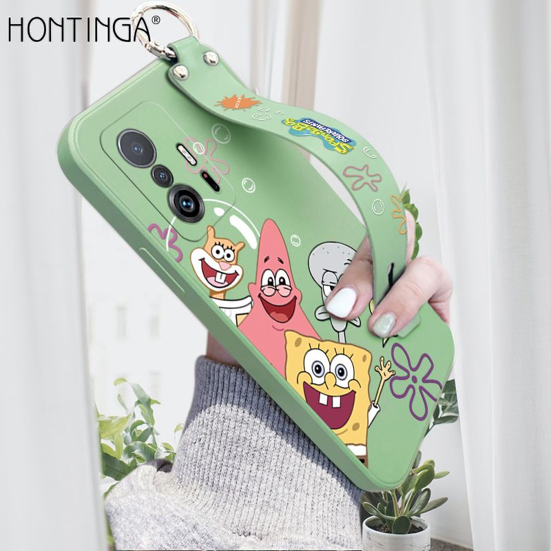 Hontinga for Xiaomi 11T / 11T Pro Wrist Strap Case Cute Funny Cartoon Sponge for Square Pants Cover Trend Square Printed Pattern Liquid Silicone Phone Case
