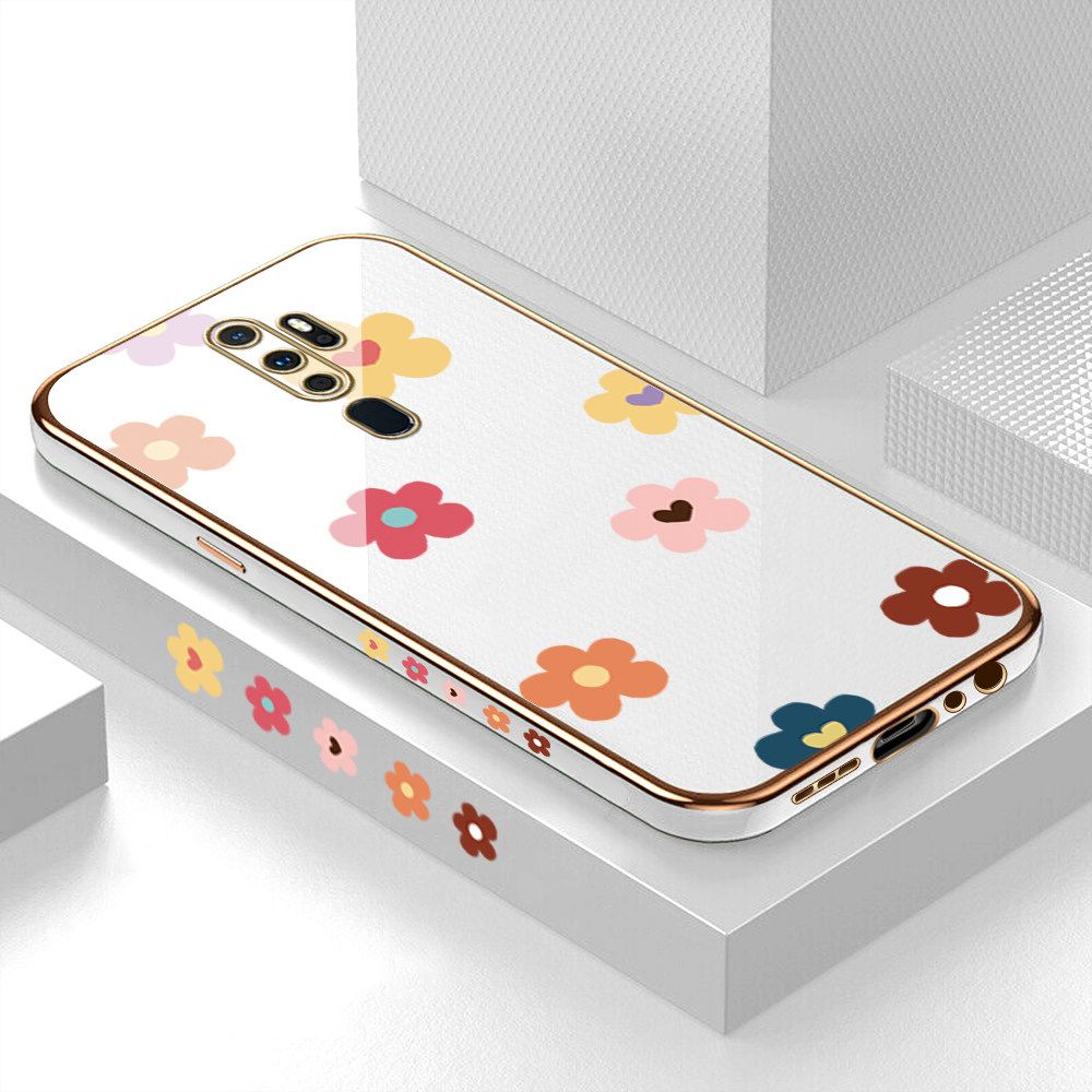 Luxury 6D Plating Case for OPPO A5 2020 Color Cartoon Flowers Side Pattern Back Cover Soft Silicone Square Frame Shiny Bling Phone Cases + Free Lanyard