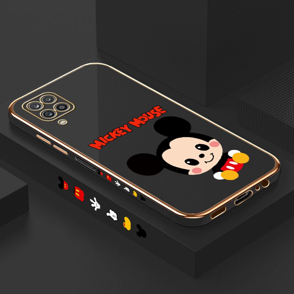 Luxury 6D Plating Case for Samsung M12 Cute Cartoon Mouse Side Pattern Back Cover Soft Silicone Square Frame Shiny Bling Phone Cases + Free Lanyard