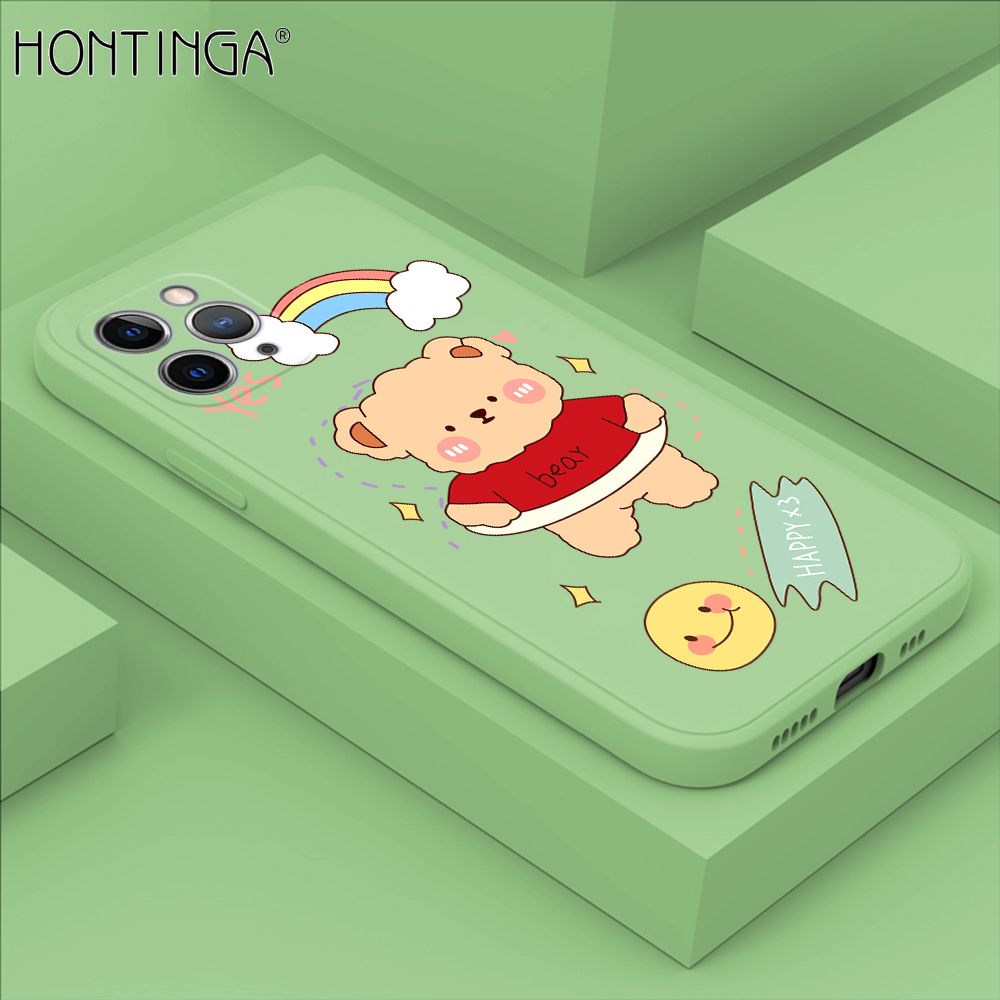 Hontinga for iPhone 11 Pro Max Case Lovely Cartoon Bear Phone Case Phone Case Soft Square Edge Silicone Cases Full Lens Cover Shockproof Protection Cover