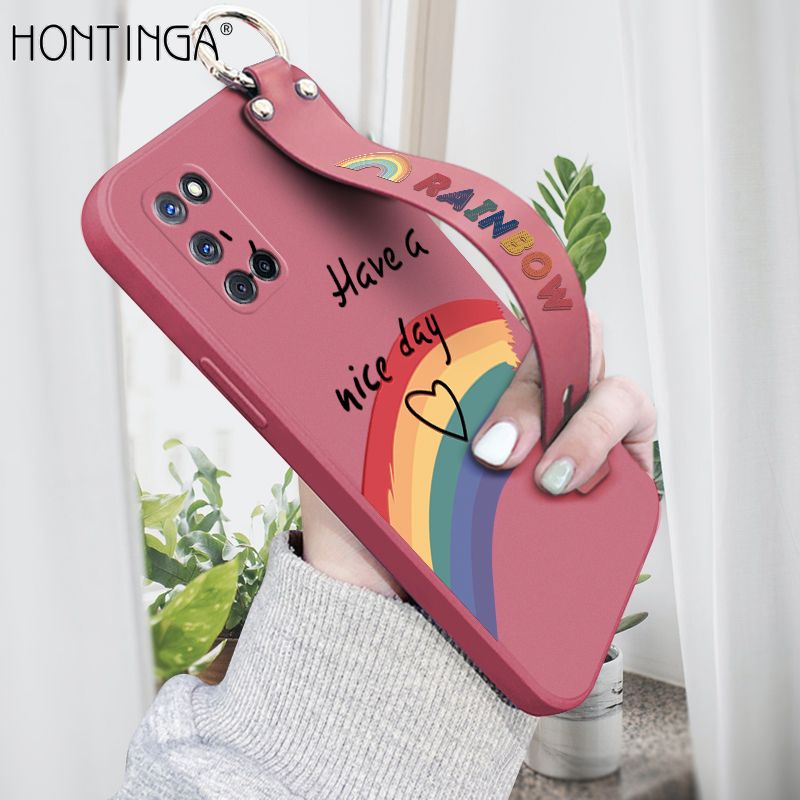 Hontinga for OPPO A52 A92 Wrist Strap Case Lovely Graffiti Rainbow Smile Thin Phone Cover Square Edge Liquid Silicone Creativity Phone Case