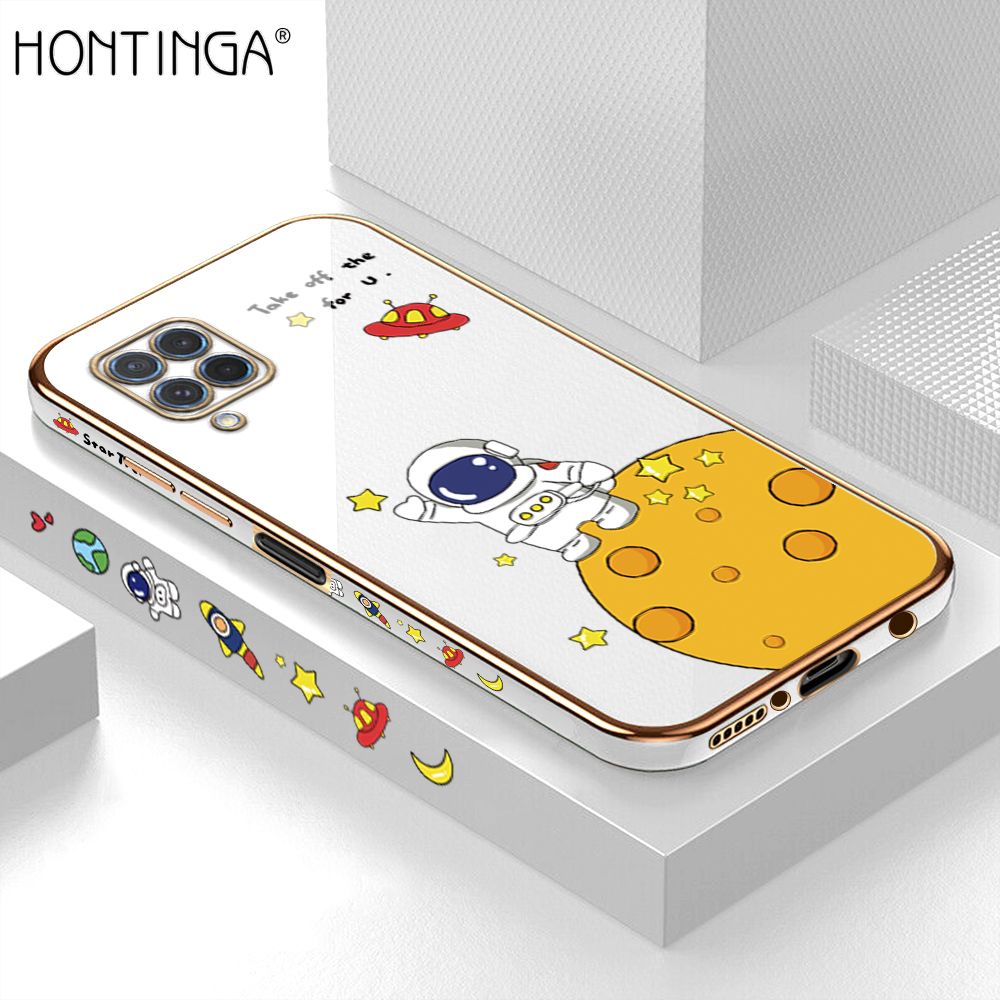 Hontinga for Samsung M62 F62 Back Cover + Free Lanyard Luxury 6D Plating Cartoon Lunar Astronaut Side Pattern Case Soft Silicone Square Mobile Cover