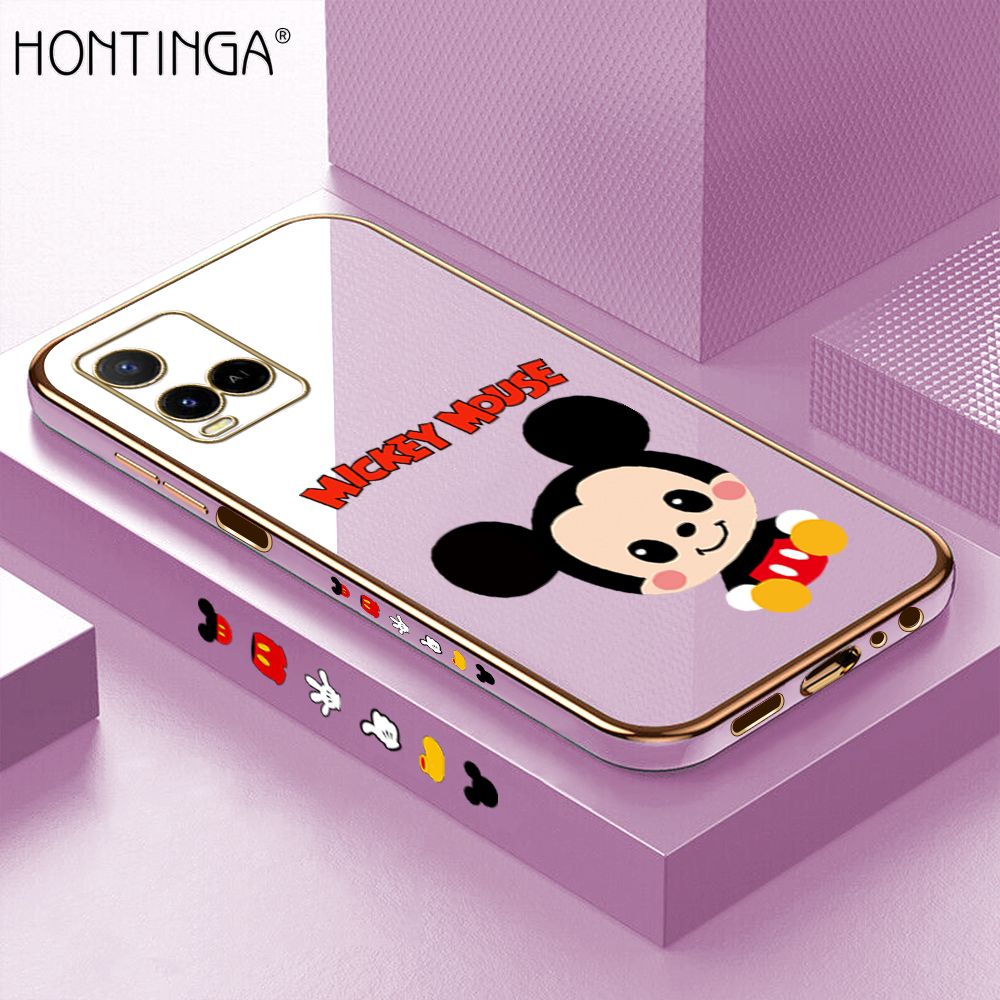 Hontinga for Vivo Y33S Y21 2021 Y21S Back Cover + Free Lanyard Luxury 6D Plating Cute Cartoon Mouse Side Pattern Case Soft Silicone Square Mobile Cover