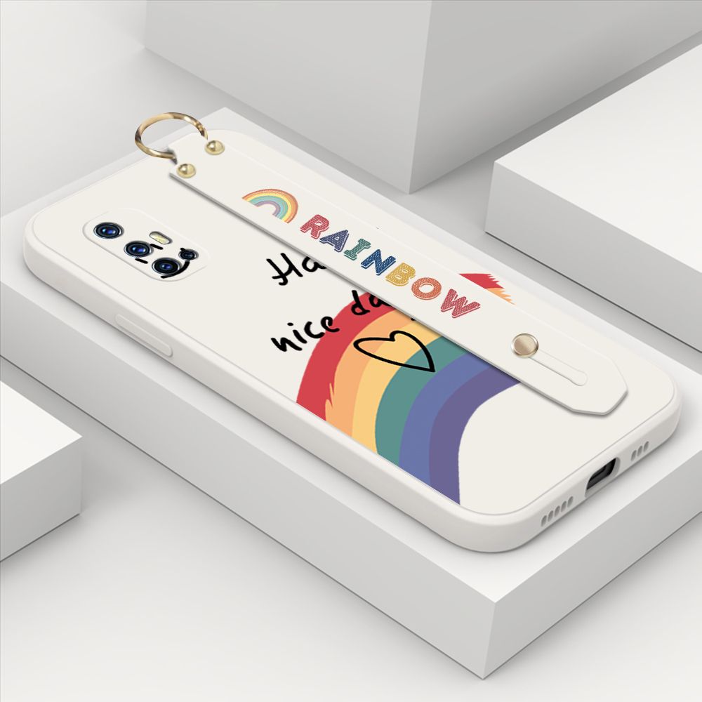 ZeroQiQi for Vivo V17 Wrist Strap Case Lovely Graffiti Rainbow Smile Thin Phone Cover Square Edge Liquid Silicone Creativity Phone Case