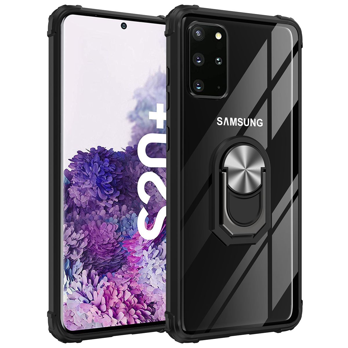 For Samsung Galaxy S20 Plus Case Hybrid Case with Ring Holder Stand Transparent Acrylic Hard Back Gel TPU Bumper Rugged Shockproof Protective Cover
