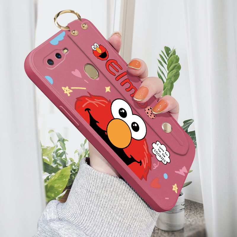 Jizetin for OPPO A7 Wrist Strap Case Creative Cartoon Red Haired Monster Cover Ultra Thin Anti Fall Liquid Silicone Phone Case