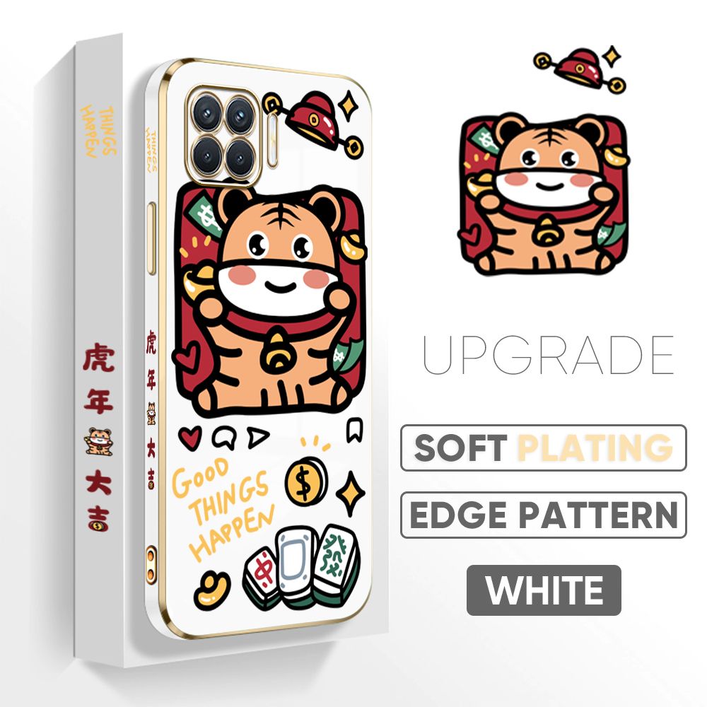 TA for OPPO F17 Pro / A93 2020 / Reno4 F Back Cover + Free Lanyard Cute Animals Luxury 6D Plating Case Side Pattern Soft Silicone Square Phone Cases