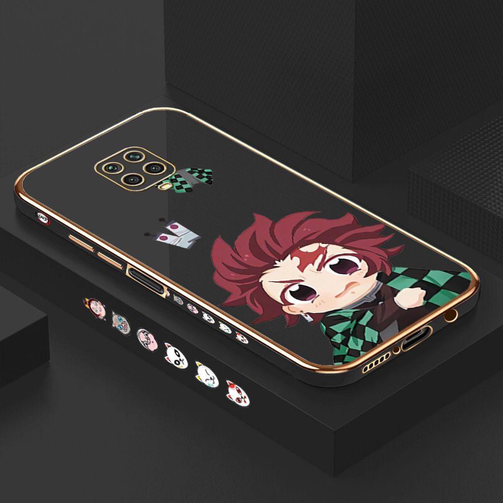 Luxury 6D Plating Case for Xiaomi Redmi Note 9S Cartoon Anime Tanjirou Side Pattern Back Cover Soft Silicone Square Phone Cases + Free Lanyard