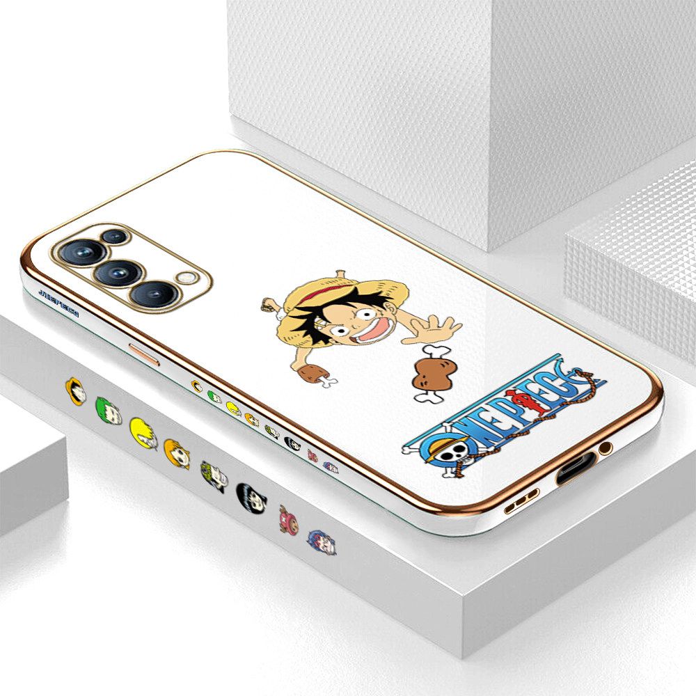 Luxury 6D Plating Case for OPPO Reno5 Pro 5G Gluttonous Cartoon Luffy Side Pattern Back Cover Soft Silicone Square Frame Shiny Bling Phone Cases + Free Lanyard