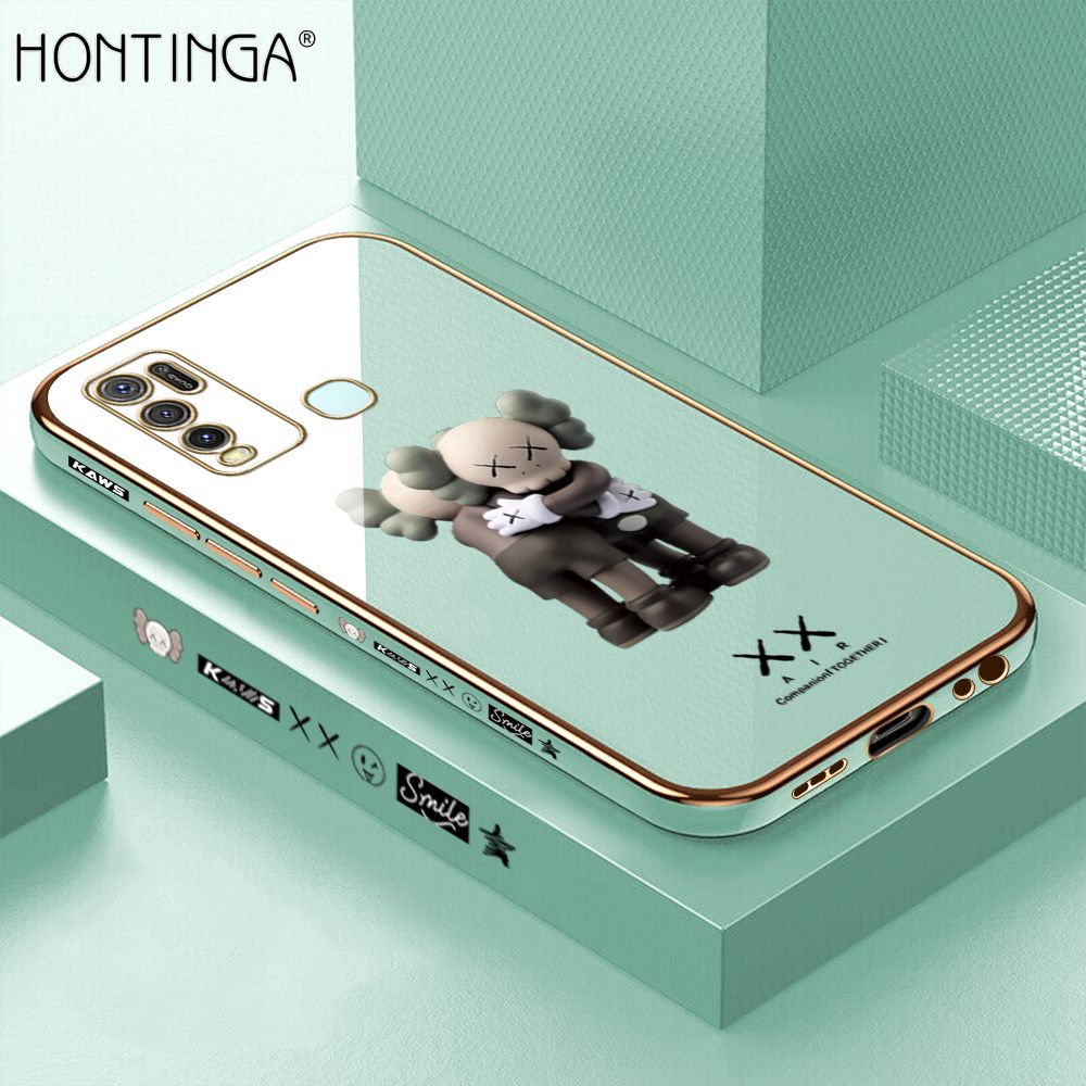 Hontinga for Vivo Y30i Case Luxury 6D Plating Soft Casing Silicone Square Frame Phone Cases Shiny Bling Side Print Cartoon Hug bear Phone Cover