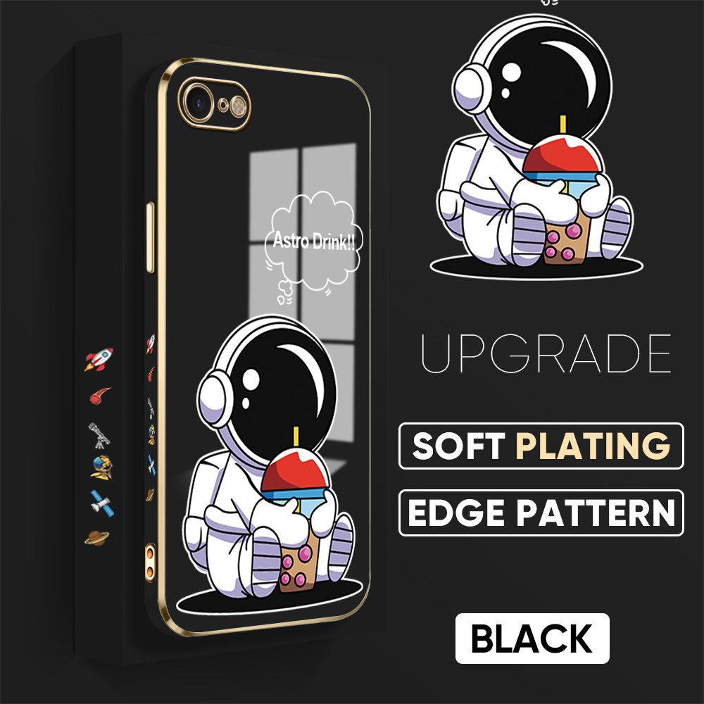 TA for iPhone 7 8 SE 2020 SE 2022 Back Cover + Free Lanyard Cute Astronaut Luxury 6D Plating Case Side Pattern Soft Silicone Square Phone Cases
