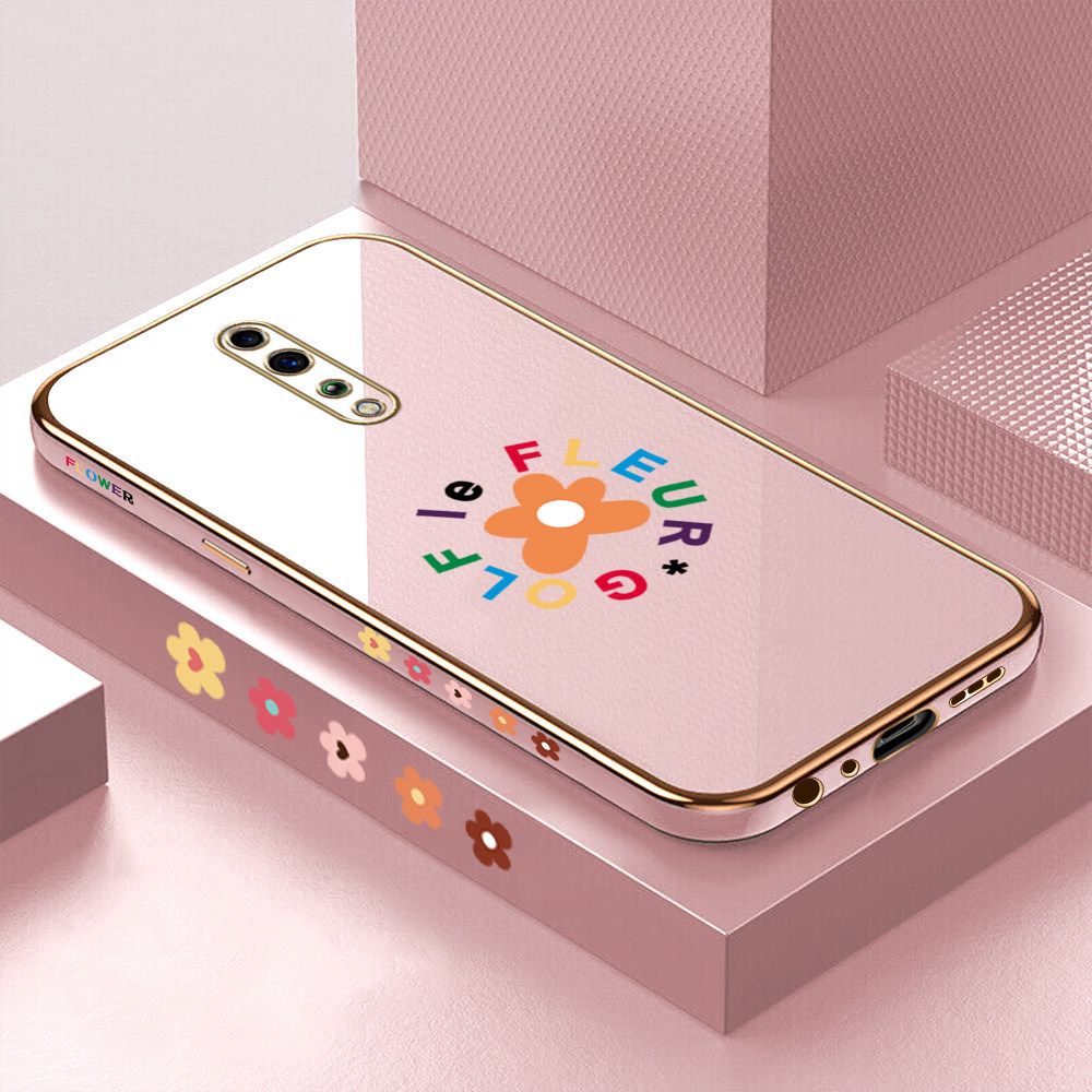 Luxury 6D Plating Case for OPPO Reno Z Cartoon Flower Side Pattern Back Cover Soft Silicone Square Frame Shiny Bling Phone Cases + Free Lanyard