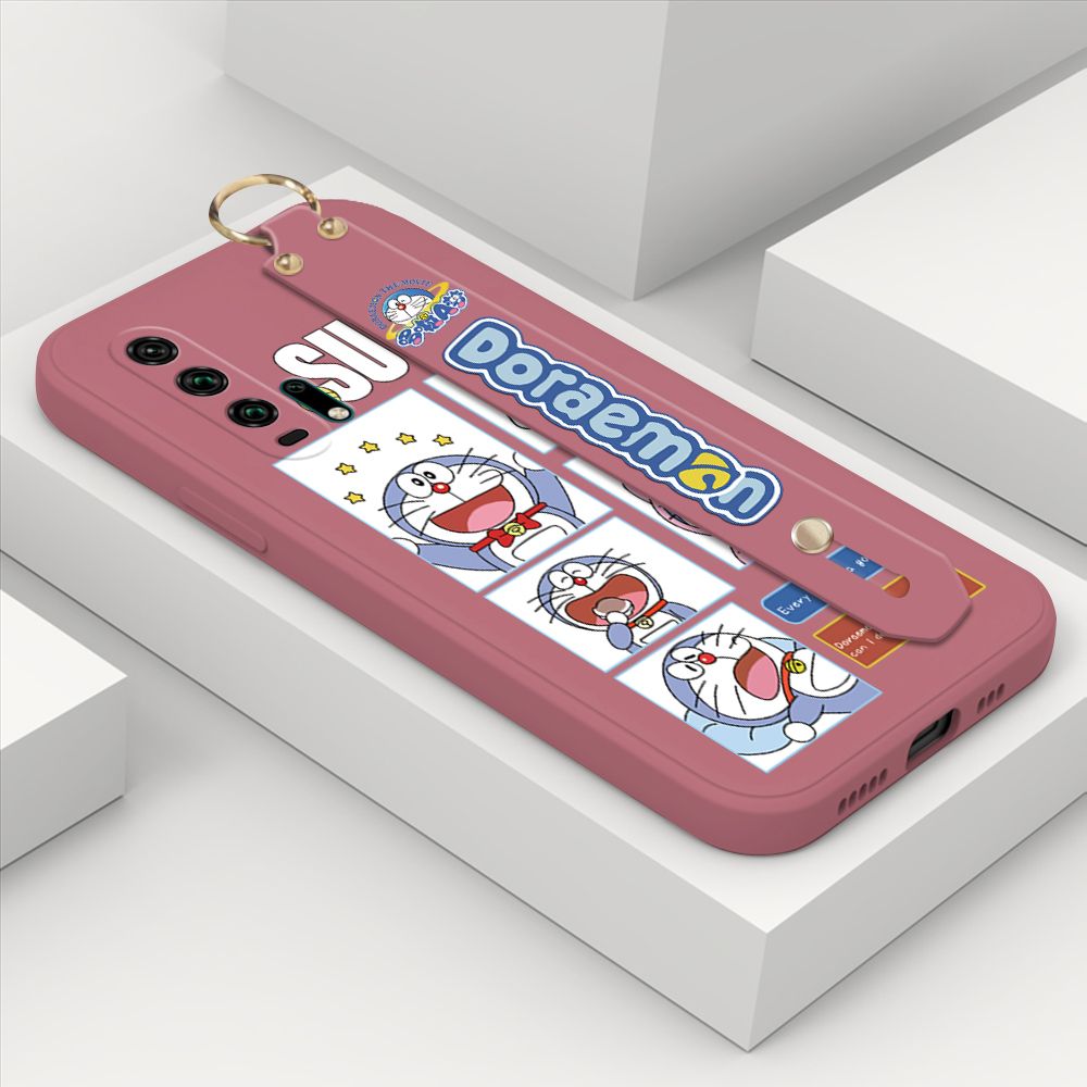 Hontinga for Honor 20 Pro Wrist Strap Case Cute Cute Cartoon Blue Cat Daily Life Cover Square Edge Liquid Silicone Creative Phone Protective Cases
