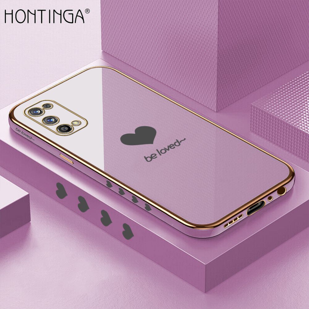 Hontinga for Realme 7 Pro Case + Free Lanyard Luxury 6D Plating Lover Heart Side Pattern Soft Back Cover Silicone Square Phone Cases