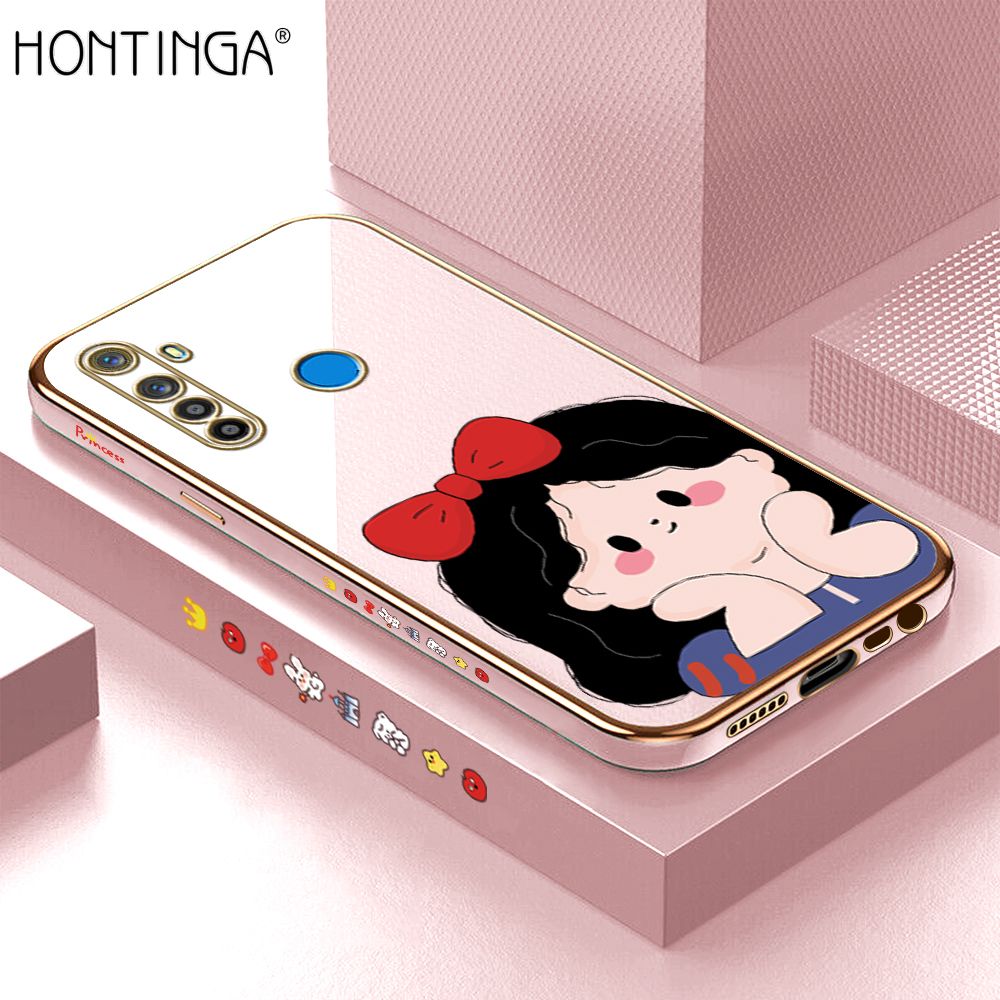 Hontinga for Realme 5 5I 5S 6I Back Cover + Free Lanyard Luxury 6D Plating Cute Bow Girl Side Pattern Case Soft Silicone Square Mobile Cover