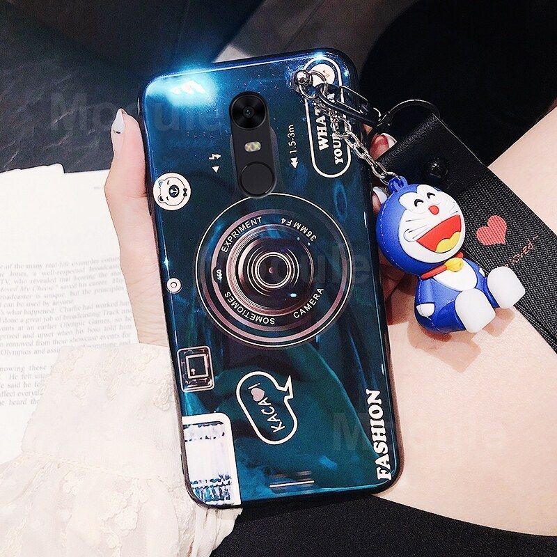 For Xiaomi Redmi 5 Cover + Wrist Lanyard & Cute Cartoon Doll Fashion Camera Pattern Slim Phone Case Soft TPU Silicone Shockproof Protective Back Cover