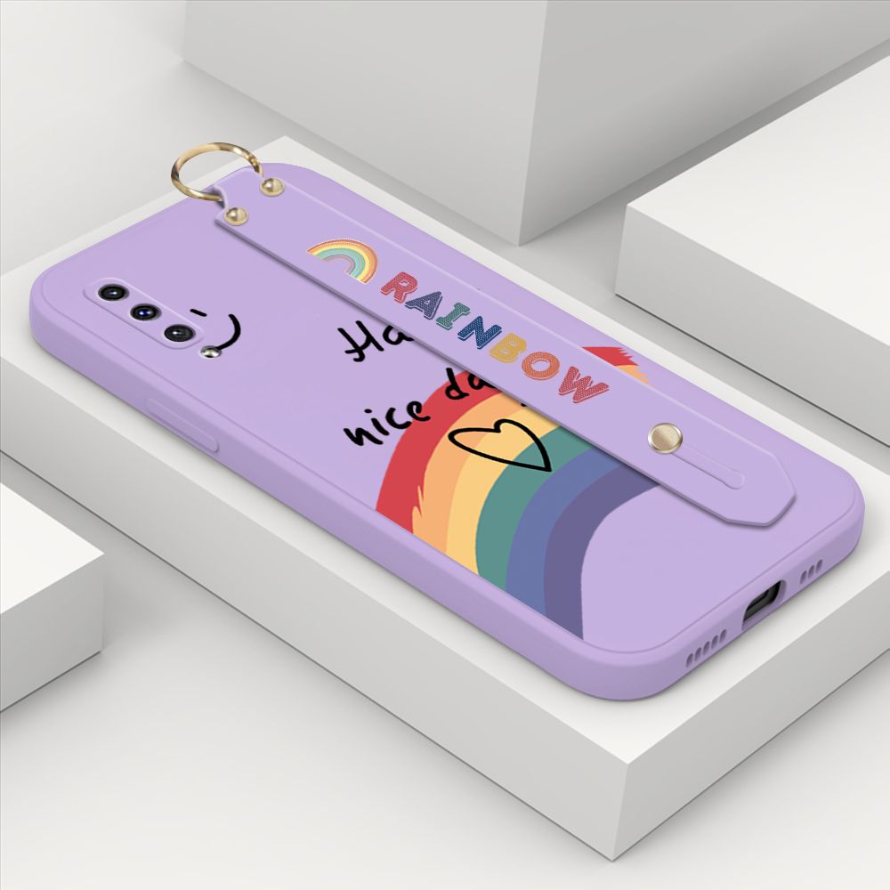 ZeroQiQi for Samsung Galaxy A50S Wrist Strap Case Lovely Graffiti Rainbow Smile Thin Phone Cover Square Edge Liquid Silicone Creativity Phone Case