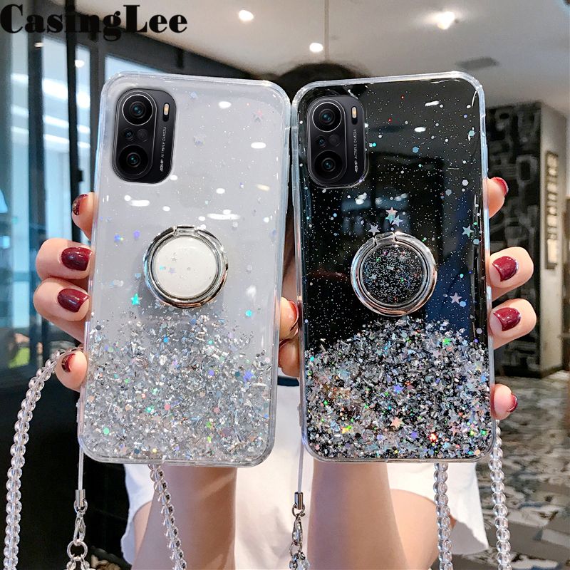 Casinglee For Xiaomi 11X Case Glitter Soft Transparent Holder Stand Cases String for Xiaomi 11X Back Cover Stars Moon Girls