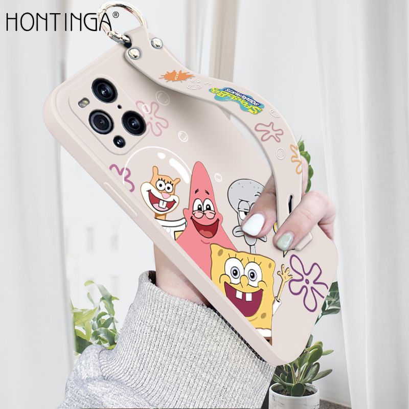 Hontinga for OPPO Find X3 / Find X3 Pro Wrist Strap Case Cute Cute Funny Cartoon Sponge for Square Pants Cover Square Edge Liquid Silicone Anti-drop Phone Case