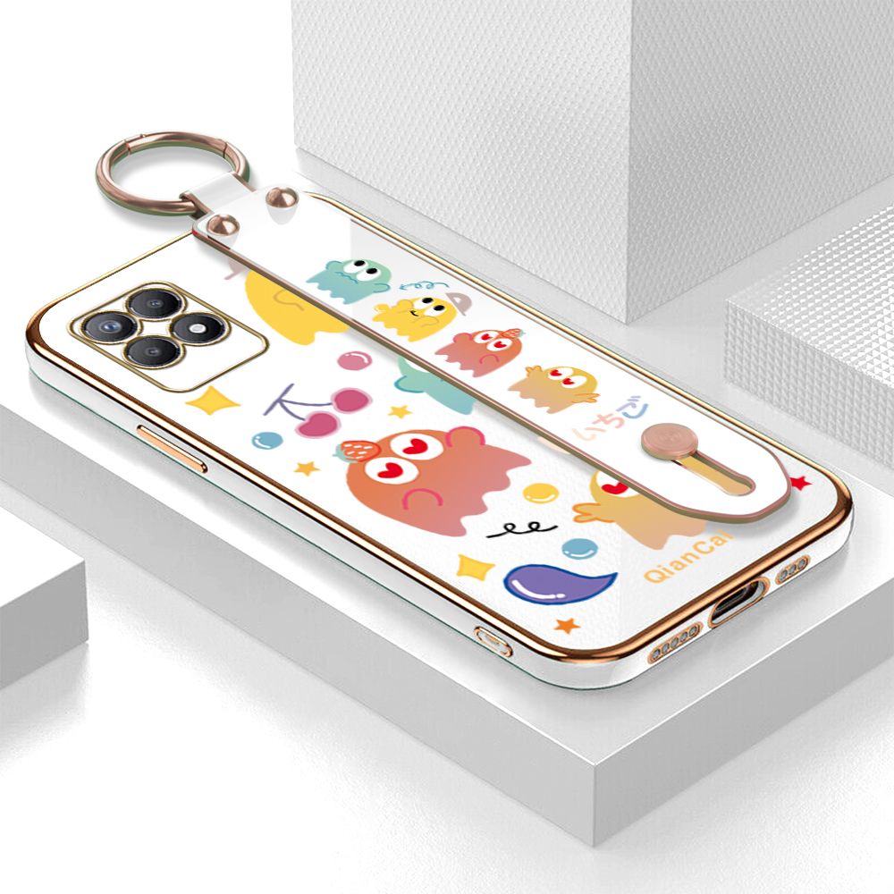 Jizetin for Realme 8i / Narzo 50 Back Cover Bean Monster Luxury 6D Plating Wrist Strap Phone Cases Soft Silicone Square Mobile Phone Case