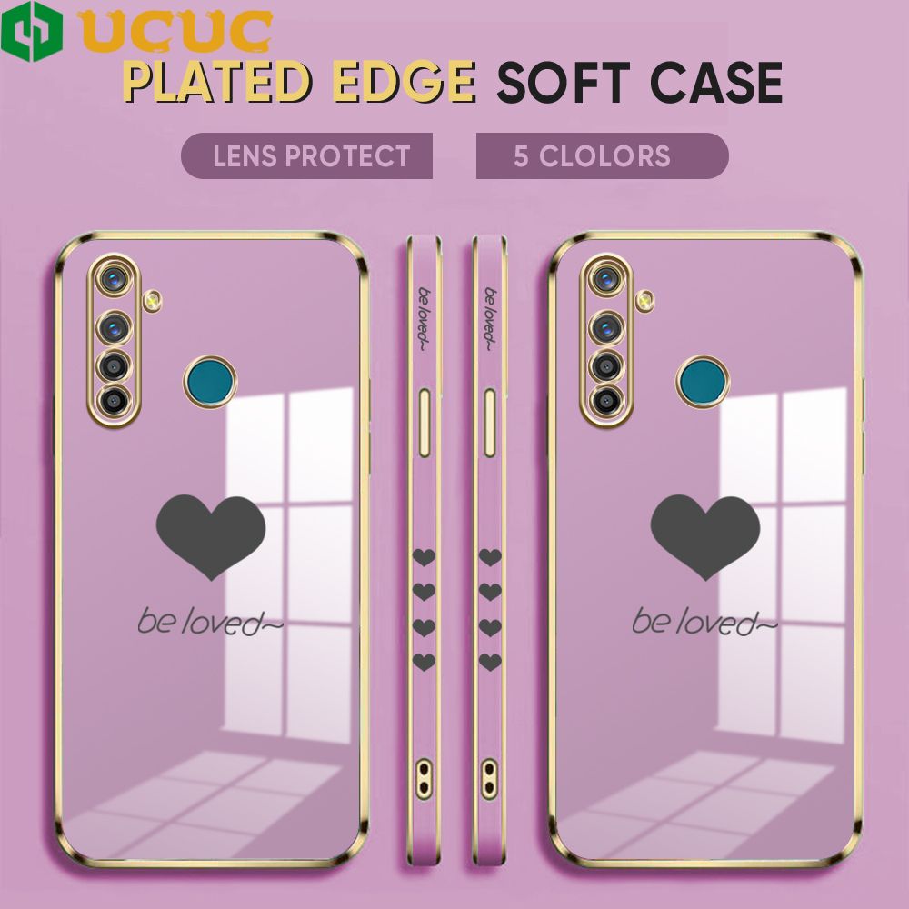UCUC for Realme 5 Pro Back Cover + Free Lanyard Lover Heart Luxury 6D Plating Case Side Pattern Soft Silicone Square Phone Cases