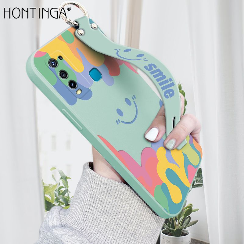 Hontinga for Vivo Y30 Wrist Strap Case Soft Candy Color Splash Ink Cover Trend Square Printed Pattern Liquid Silicone Phone Case