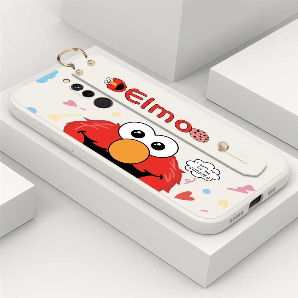 ZeroQiQi for Xiaomi Redmi 8 Wrist Strap Case Cute Cute Cartoon Little Monster Phone Cover Square Edge Liquid Silicone Case Full Cover Camera Shockproof Protective Cases