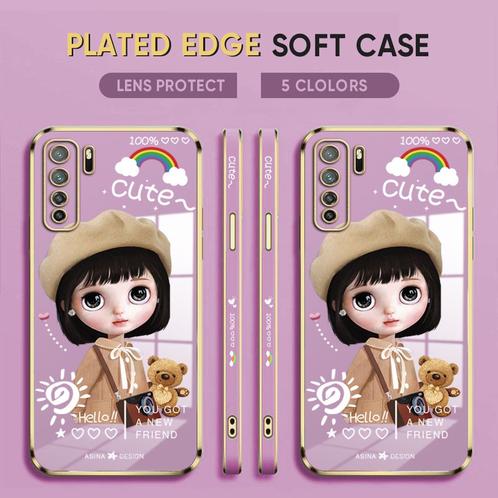 Luxury 6D Plating Case for Huawei Nova 4 Phone Cases Satchel Girl Side Print Soft Silicone Square Back Cover