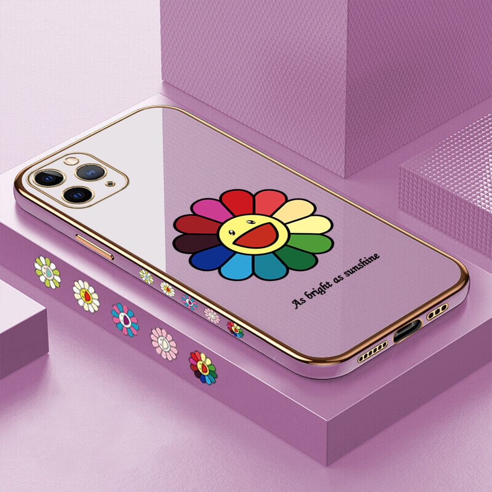 Luxury 6D Plating Case for iPhone 11 Pro Colored Sunflower Side Pattern Back Cover Soft Silicone Square Frame Shiny Bling Phone Cases + Free Lanyard