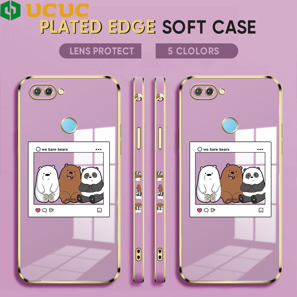 UCUC for Realme U1 Cover Bears Photo Luxury 6D Plating Soft Casing Silicone Square Frame Phone Case Shiny Bling Back Cover + Free Lanyard
