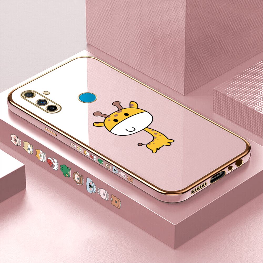 Luxury 6D Plating Case for Realme C3 Cute Giraffe Side Pattern Back Cover Soft Silicone Square Phone Cases + Free Lanyard