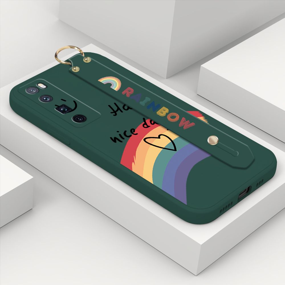 ZeroQiQi for Huawei Nova 7 Pro Wrist Strap Case Lovely Graffiti Rainbow Smile Thin Phone Cover Square Edge Liquid Silicone Creativity Phone Case
