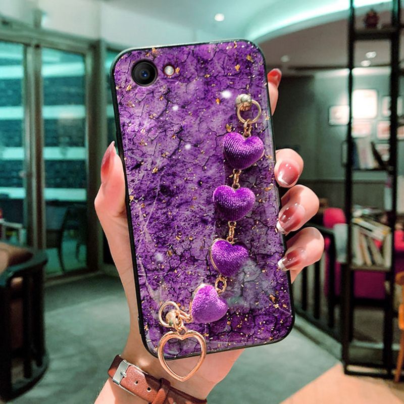 For Vivo Y81 Back Cover with Love Heart Wristband Chain Fashion Bracelet Marble Glitter Case Soft Silicone Bumper Protective Mobile Phone Cases