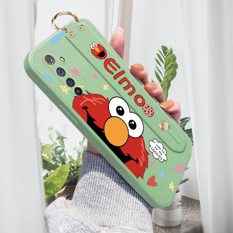 Jizetin for Realme 6 Pro Wrist Strap Case Creative Cartoon Red Haired Monster Cover Ultra Thin Anti Fall Liquid Silicone Phone Case