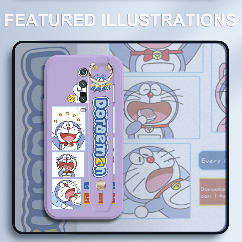 UCUC for Xiaomi Mi 9T Wrist Strap Case Creative Cartoon Doraemon's Daily Life Cover Ultra Thin Anti Fall Liquid Silicone Phone Case