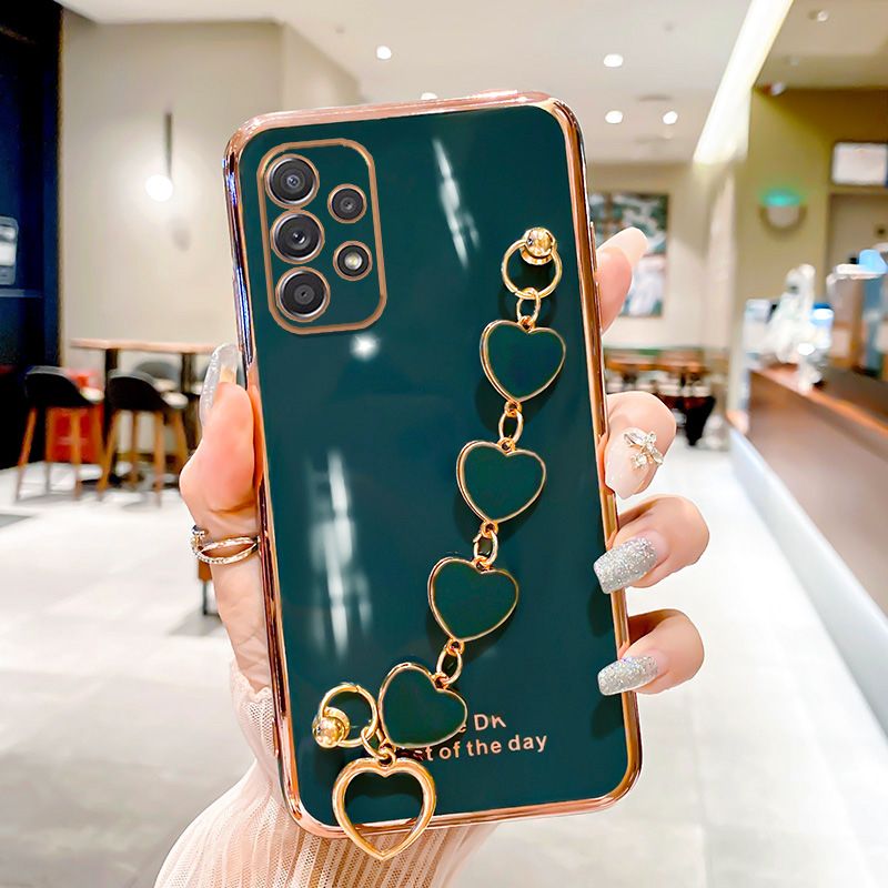 For Samsung Galaxy A52s 5G Back Cover with Love Heart Chain Wrist Strap Fashion Bracelet Shiny Plating Bumper Protective Case Silicone Shockproof Mobile Phone Cases